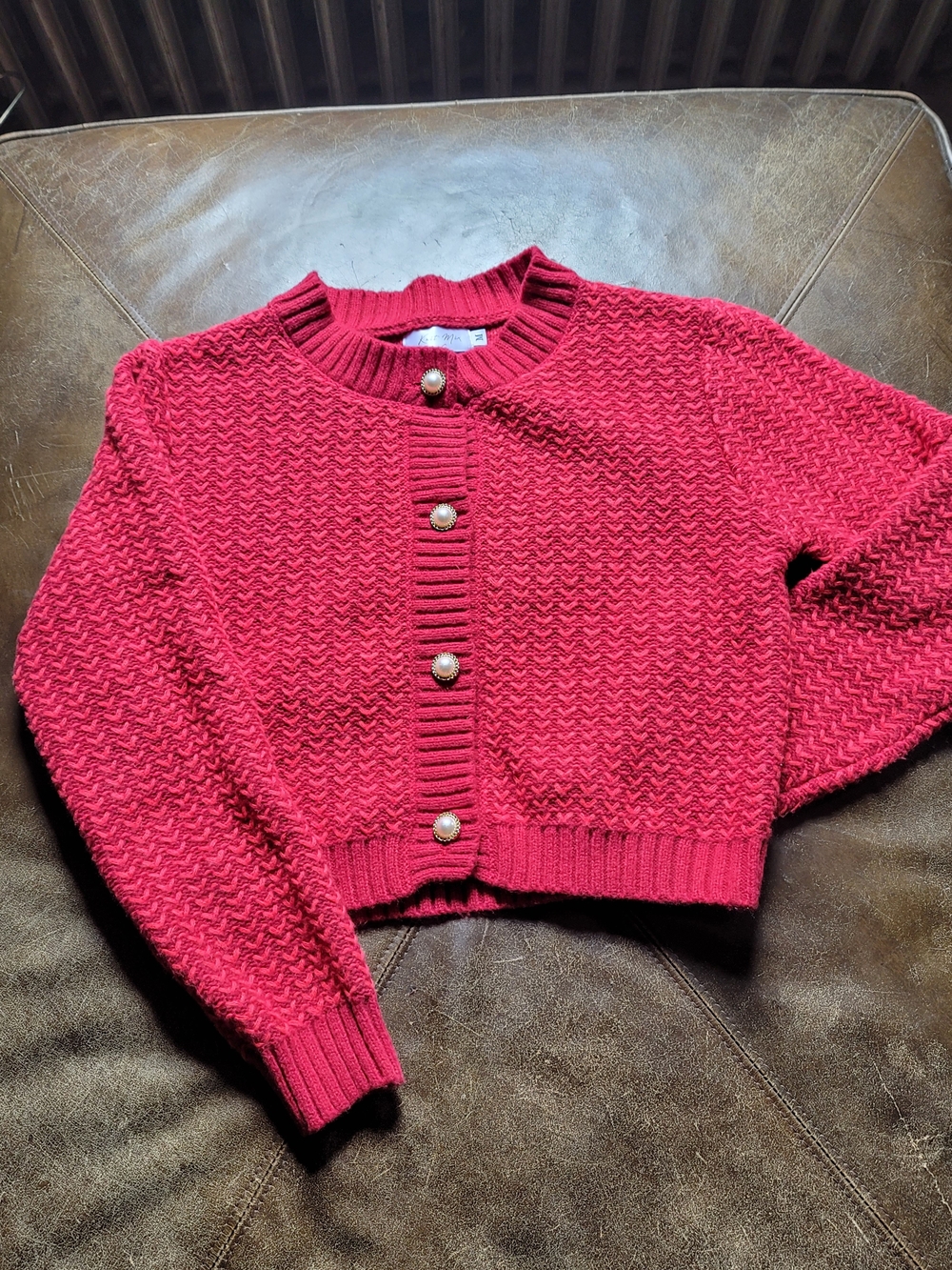 Knit Mix Vibrant Red & Pink Textured Knit Cropped Cardigan Sweater M